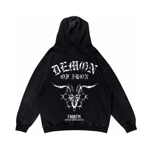 DEMON OF IRON HOODIE ACID WASH BLACK