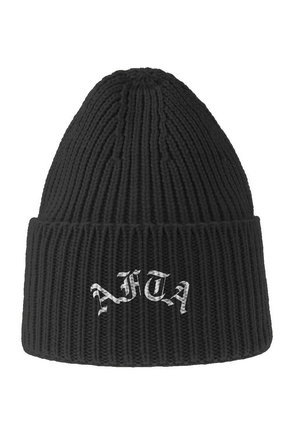 'AFTA' GOTHIC EMBROIDERED RIB KNIT BEANIE - OFF WHITE ON BLACK